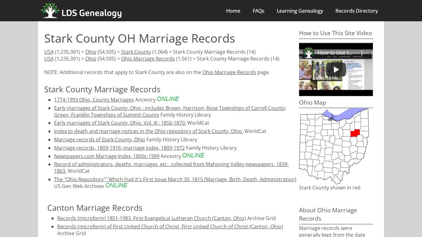Stark County OH Marriage Records - LDS Genealogy